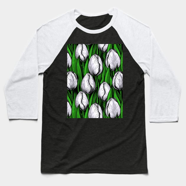 White tulips with green leaves Baseball T-Shirt by katerinamk